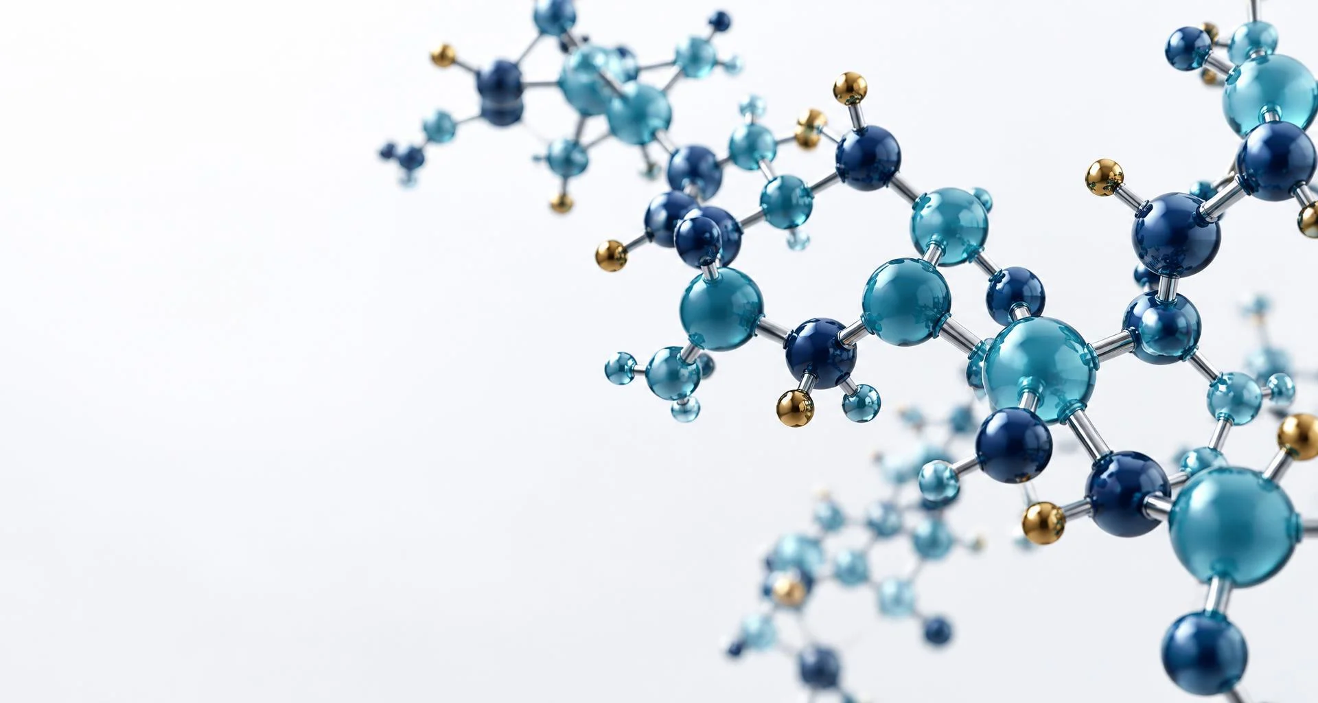 Abstract peptide molecular structure in AASA BIOLABS navy, teal, and gold